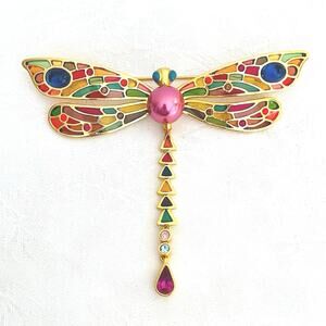 ⁣⁣⁣⁣Vtg Joan Rivers Stained Glass Pearl Dragonfly Brooch Articulated Tail Insect